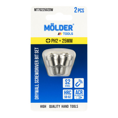 Набір біт Molder з обмежувачем для гіпсокартону PH2x25мм 2шт Набір біт Molder з обмежувачем для гіпсокартону PH2x25мм 2шт
