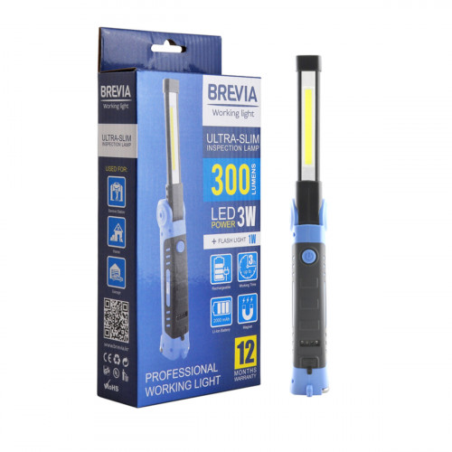 Ліхтар інспекційний Brevia LED Ultra-slim 3W COB+1W LED 300lm, 2000mAh, microUSB Ліхтар інспекційний Brevia LED Ultra-slim 3W COB+1W LED 300lm, 2000mAh, microUSB