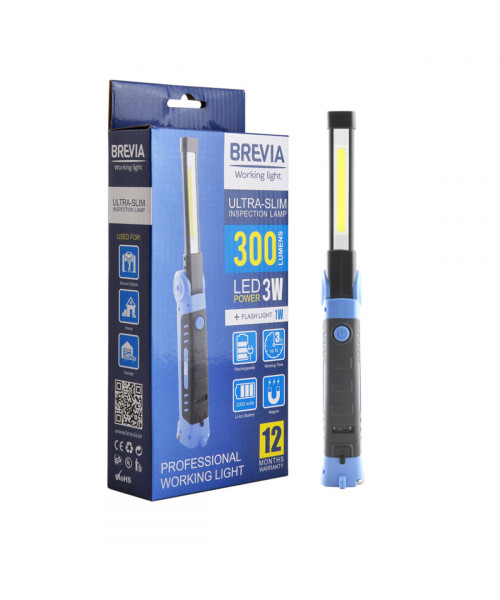 Ліхтар інспекційний Brevia LED Ultra-slim 3W COB+1W LED 300lm, 2000mAh, microUSB