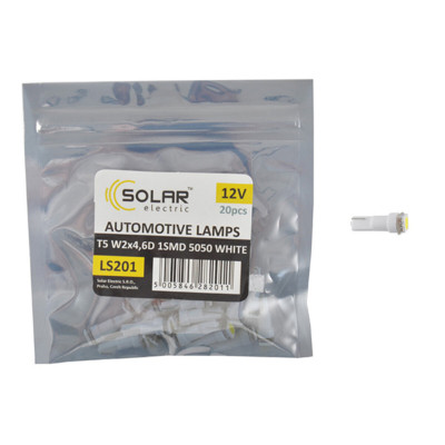 LED автолампа Solar 12V T5 W2x4.6d 1smd 5050 white 20шт