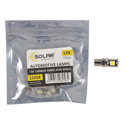 Автолампа Solar LED 12V T10 W2.1x9.5d Canbus 5SMD 5050, white 10шт
