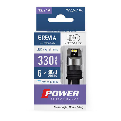 LED автолампа Brevia Power P27/7W (3157) 330Lm 6x3020SMD 12/24V CANbus, 2шт