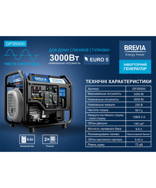 Генератор Brevia інверторний бензиновий 3,2кВт (ном 3,0кВт) Генератор Brevia інверторний бензиновий 3,2кВт (ном 3,0кВт)