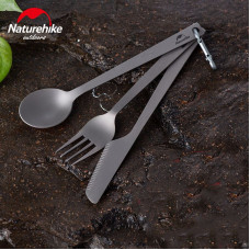 Набір столових приладів (ложка, виделка, ніж) з титану Naturehike NH19T011-D, сірий з мішечком