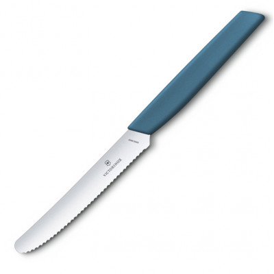 Кухонный нож Victorinox Swiss Modern Tomato-Sausage 11см закругл.нос, волн. с син. ручкой