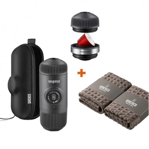 Набір Wacaco Nanopresso: кавоварка, адаптер для капсул та рушники бариста