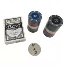 Набір для покеру на 60 фішок 3,8 см з картами BCG (синя сорочка) та жетоном дилера, блістер (DN36707)