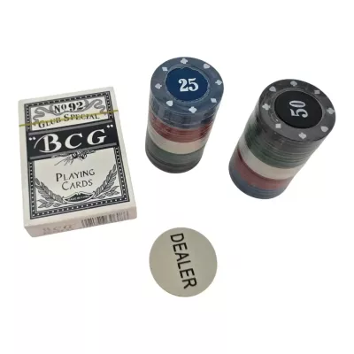 Набір для покеру на 60 фішок 3,8 см з картами BCG (синя сорочка) та жетоном дилера, блістер (DN36707)