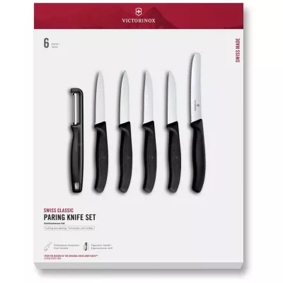 Набір для чистки овочів 6 шт Victorinox Swiss Classic Paring Set 5 ножів, овочечистка, чорний, подарункова коробка (6.7113.61G)