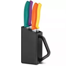 Набір ножів для стейка та піци 4 ножа 12см з підставкою Victorinox Swiss Classic Steak&Pizza Block серрейтор різнокольорові , пластик чорний (6.7126.4C1)