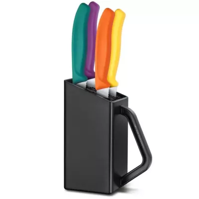 Набір ножів для стейка та піци 4 ножа 12см з підставкою Victorinox Swiss Classic Steak&Pizza Block серрейтор різнокольорові , пластик чорний (6.7126.4C1)