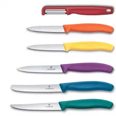 Набір кухонний 5 ножів, овочечистка з підставкою Victorinox SWISS CLASSIC Utility Block різнокольорові, пластик білий (6.7126.6C1)