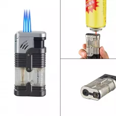 Запальничка для сигари газова 3 турбо PUNCHER ZAGREB прозорий пластик, сріблястий, пірсер, регулювання, оксамитовий мішечок (40674374SL)