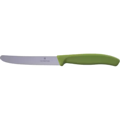 Ніж столовий для різки томатів універсальний 11см Victorinox" Swiss Classic Tomato&Table круглий носік лезо серрейтор Оливково-зелений (6.7834.E575)