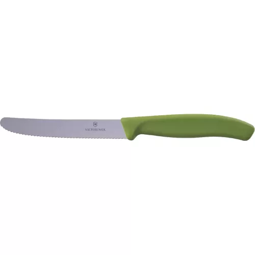 Ніж столовий для різки томатів універсальний 11см Victorinox" Swiss Classic Tomato&Table круглий носік лезо серрейтор Оливково-зелений (6.7834.E575)