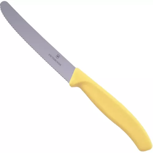 Ніж столовий для різки томатів універсальний 11см Victorinox Swiss Classic Tomato&Table круглий кінчик, серрейтор Жовтий (6.7838.E120)