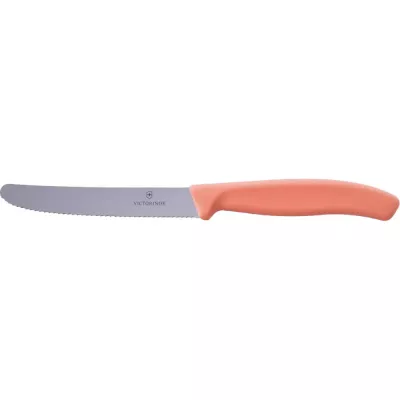 Ніж столовий для різки томатів універсальний 11см Victorinox Swiss Classic Tomato&Table круглий носік лезо серрейтор Персіково-помаранчевий (6.7839.E170)