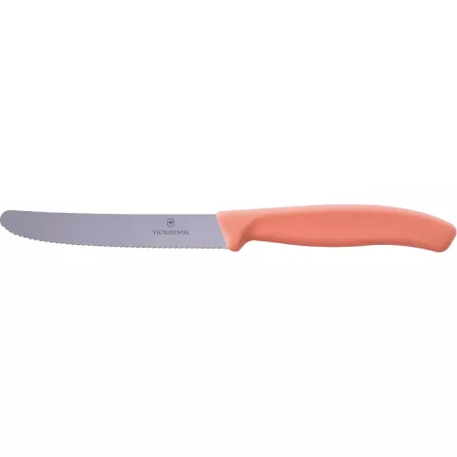 Ніж столовий для різки томатів універсальний 11см Victorinox Swiss Classic Tomato&Table круглий носік лезо серрейтор Персіково-помаранчевий (6.7839.E170)