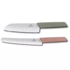 Набір з 2-х кухонних ножів Victorinox Swiss Modern Kitchen Set ніж-сантоку та ніж для хліба подарункова коробка Оливковий Корал (6.9096.22G)