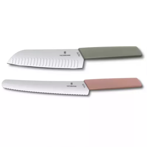 Набір з 2-х кухонних ножів Victorinox Swiss Modern Kitchen Set ніж-сантоку та ніж для хліба подарункова коробка Оливковий Корал (6.9096.22G)