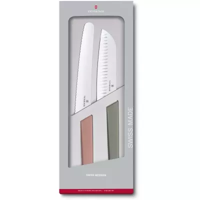 Набір з 2-х кухонних ножів Victorinox Swiss Modern Kitchen Set ніж-сантоку та ніж для хліба подарункова коробка Оливковий Корал (6.9096.22G)