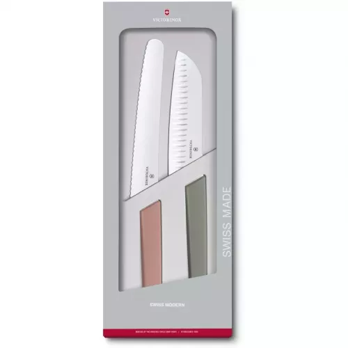 Набір з 2-х кухонних ножів Victorinox Swiss Modern Kitchen Set ніж-сантоку та ніж для хліба подарункова коробка Оливковий Корал (6.9096.22G)