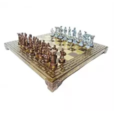 Шахи 28х28 см "Спартанський воїн" Manopoulos дошка латунь коричнева патина/золото/меандр, дерев'яний футляр, фігури синя патина/коричневі (S16BMBRO)