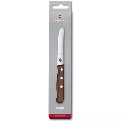 Кухонний ніж 11 см Victorinox Wood Tomato and Table з лезом серейтор із закругленим кінчиком та дерев'яною ручкою, подарункова коробка (5.0830.11G)