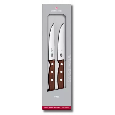 Набір з двох ножів для стейка 12 см Victorinox Wood Steak Set гладке лезо, дерев'яна ручка, подарункова коробка (5.1200.12G)