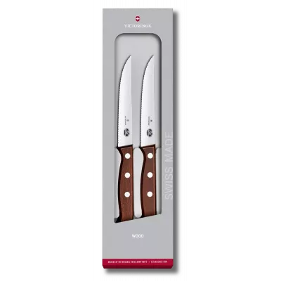 Набір з 2-х кухонних ножів для стейка 12 см Victorinox Wood Steak Set лезо серрейтор, дерев'яна ручка, подарункова коробка (5.1230.12G)