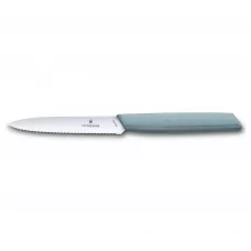 Кухонний ніж універсальний 10 см Victorinox Swiss Modern Paring Knife для різання та чищення, хвилясте лезо, сіро-блакитний (6.9006.10W21)
