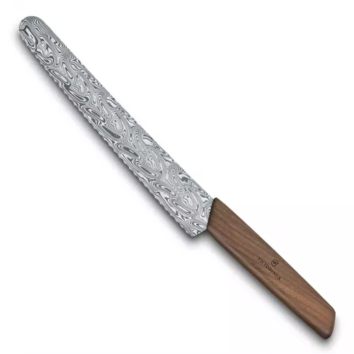 Лімітований кухонний ніж для хліба та випічки 22 см Victorinox Swiss Modern Bread & Pastry Damast дамаська сталь серрейтор горіхова ручка (Lim.Ed. 1884) Коричневий (6.9070.22WJ21)