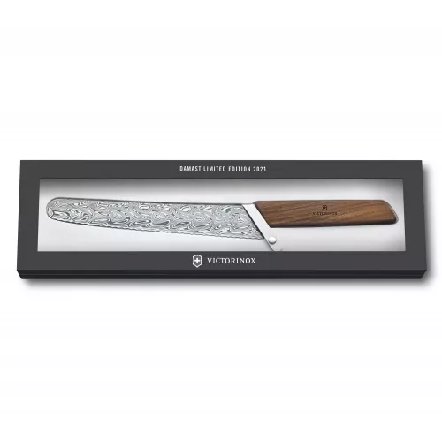 Лімітований кухонний ніж для хліба та випічки 22 см Victorinox Swiss Modern Bread & Pastry Damast дамаська сталь серрейтор горіхова ручка (Lim.Ed. 1884) Коричневий (6.9070.22WJ21)