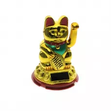 Кішка Манекі-неко маше лапкою на сонячній батареї 10х6, 5х6,5 см золотистий, червоний (DN28102)