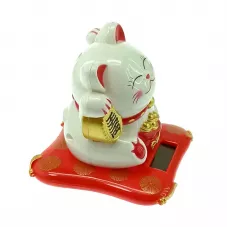 Кішка Манекі-неко махає лапкою на сонячній батареї 7,5х7х6,5 см білий, червоний (DN28754)