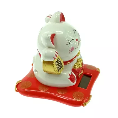 Кішка Манекі-неко махає лапкою на сонячній батареї 7,5х7х6,5 см білий, червоний (DN28754)