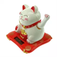 Кішка Манекі-неко махає лапкою на сонячній батареї 7,5х7х6,5 см білий, червоний (DN28754)