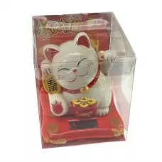 Кішка Манекі-неко велика махає лапкою на сонячній батареї 17х16х14 см білий, червоний (DN30730)