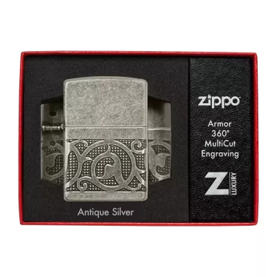 Запальничка бензинова армована Zippo Armor® Antique Silver Pattern Design MultiCut античне срібло, подарункова коробка (49290)