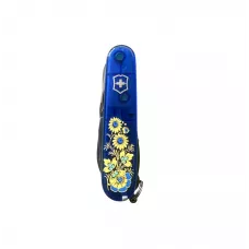 Складаний ніж 91 мм Victorinox Climber Ukraine 14 функцій, 3 шари, синій напівпрозорий, Квіти (1.3703.T2_T1050u)