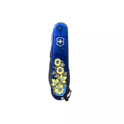 Складаний ніж 91 мм Victorinox Climber Ukraine 14 функцій, 3 шари, синій напівпрозорий, Квіти (1.3703.T2_T1050u)