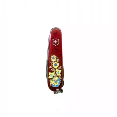 Складаний ніж 91 мм Victorinox Huntsman Ukraine 15 функцій, 3 шари, червоний напівпрозорий, Квіти (1.3713.T_T1050u)