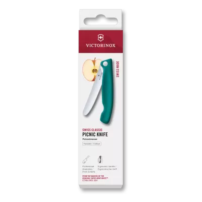 Ніж для пікніка складаний 11см Victorinox Swiss Classic Picnic округлий кінчик, лезо серрейтор, зелений, картонна коробка (6.7834.FC1)