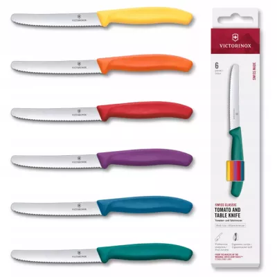 Набір ножів 6 шт для томатів 11 см Victorinox SWISS CLASSIC закруглений кінчик, серрейтор, різнокольорові ручки, подарункова коробка (6.7836.6C1)