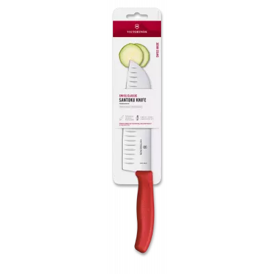 Кухонний ніж Сантоку 17 см Victorinox SwissClassic Santoku лезо гладке з канавками (рифлене), червоний, блістер (6.8521.17C1B)