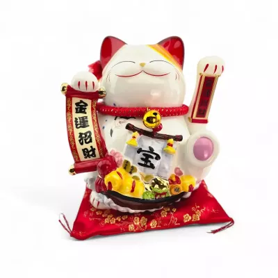 Кішка Манекі-Неко керамічна H-23.5 см з подушечкою, зарядка 220V, 2 батарейки АА, білий, червоний (DN36517) Кішка Манекі-Неко керамічна H-23.5 см з подушечкою, зарядка 220V, 2 батарейки АА, білий, червоний (DN36517)