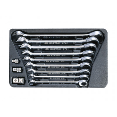 Набір ключів ріжково-накидних з трищіткою 12 одиниць 10-19 мм та перехідники на 1/4", 3/8", 1/2" в ложементі