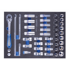 Набір головок торцевих 3/8" з принаддям 44 од. (подовжувач, перехідник, трищітка) в ложементі