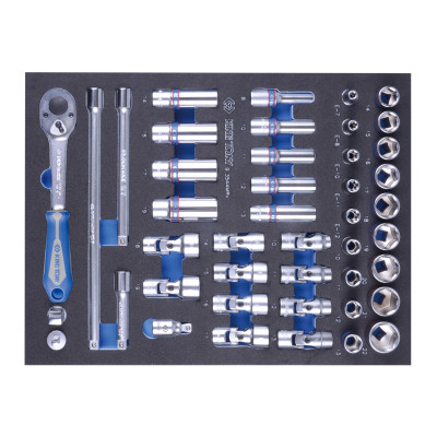 Набір головок торцевих 3/8" з принаддям 44 од. (подовжувач, перехідник, трищітка) в ложементі