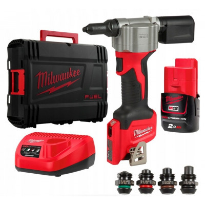 Акумуляторний заклепочник MILWAUKEE M12 BPRT-201X діаметр закл. 2,4-4,8мм 4933464405 (+ заряд.пристрій, 1 акум., 4 накінеч., HD